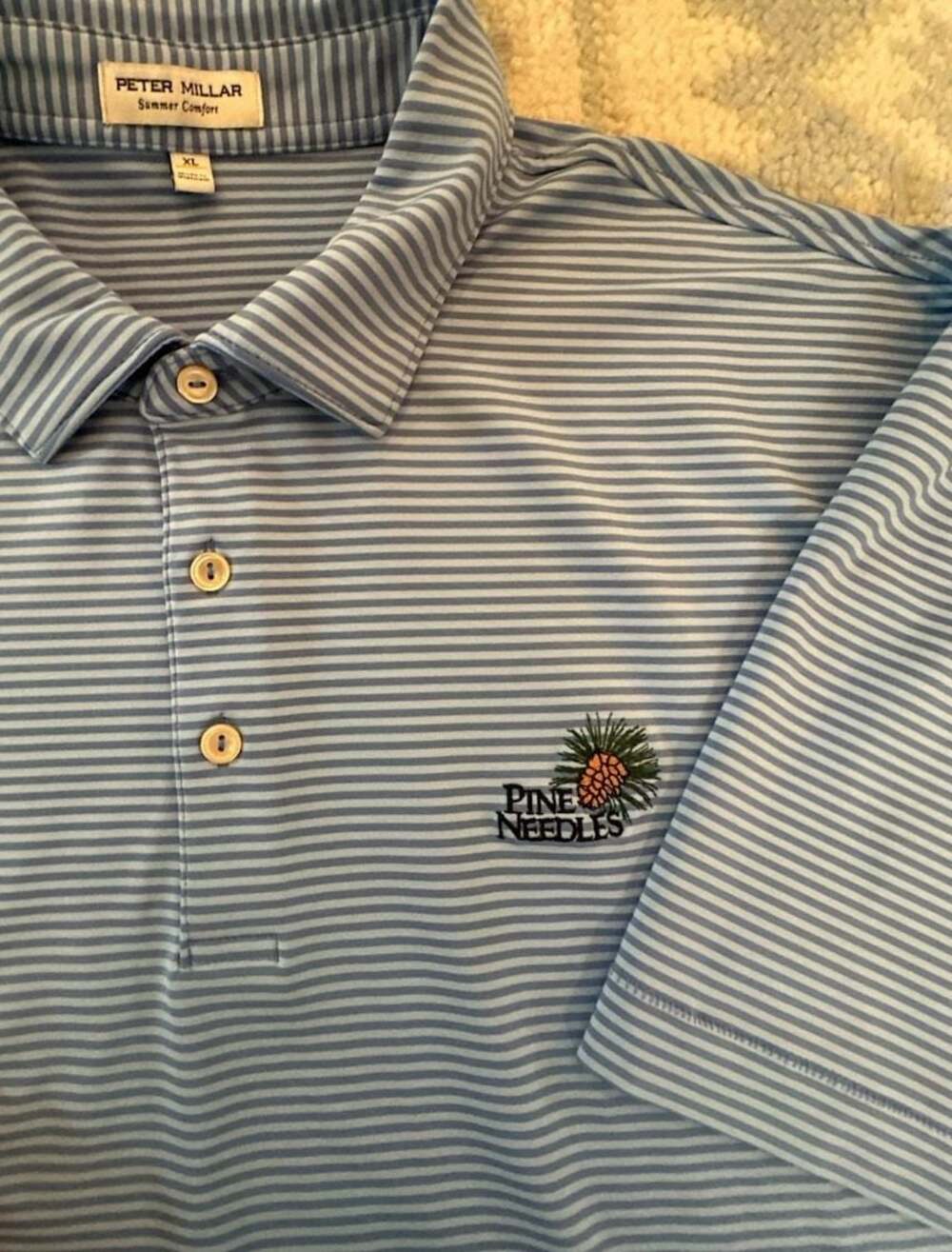 XL Peter Millar Pine Needles Performance Polo Shirt, Blue and White Stripe, XL